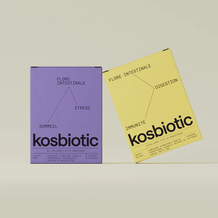 deux boites de Kosbiotic une jaune et l'autre mauve
